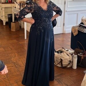 JJ House A-line V-Neck Floor-Length Lace Evening Gown, Mother of Groom